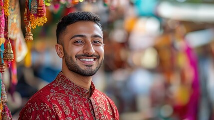 Fototapeta premium Smiling Man in Festive Red Clothing at a Market