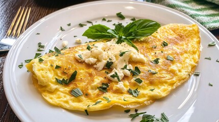 A perfectly cooked omelette garnished with fresh herbs on a white plate, symbolizing culinary finesse.