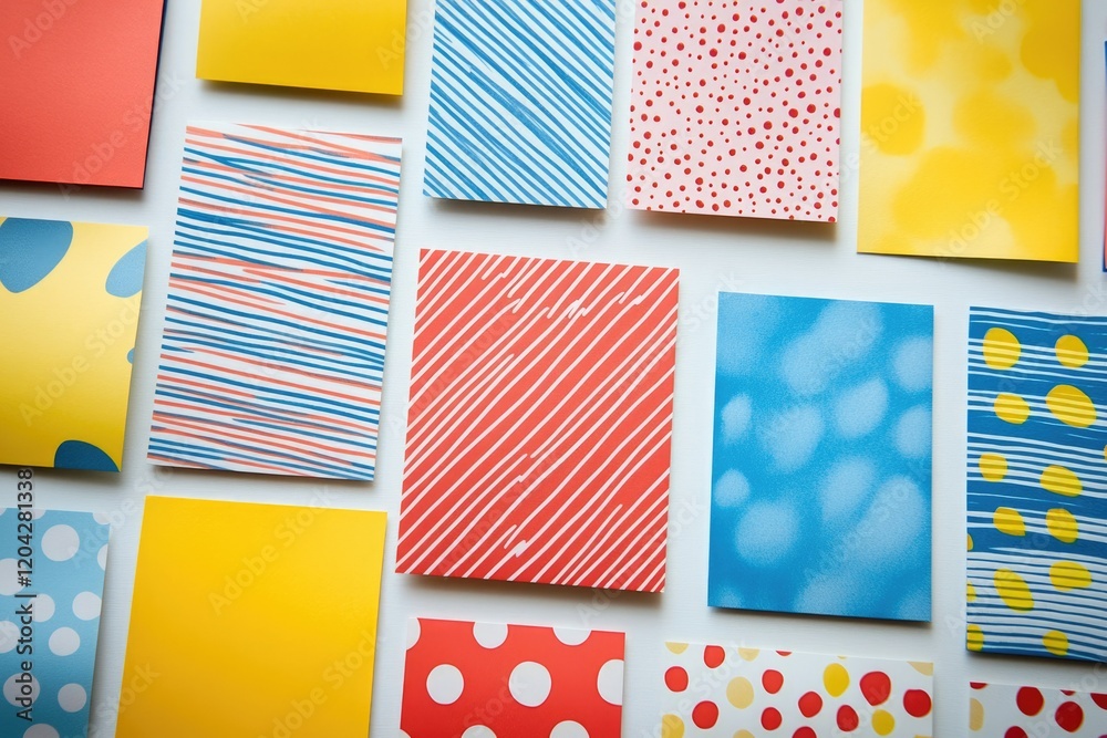 Poster collection of colorful patterned papers arranged on a white background.