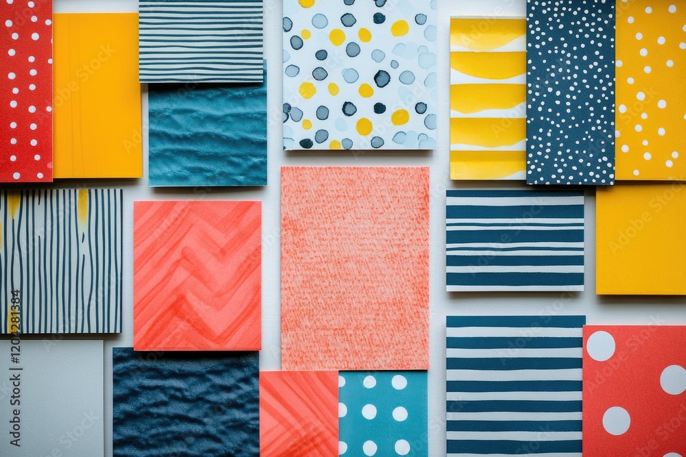 Poster Colorful abstract pattern of textured squares and rectangles with various geometric designs and polka dots.