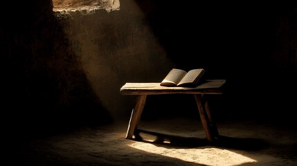 Open book on rustic bench in dark room, sunlight beam.