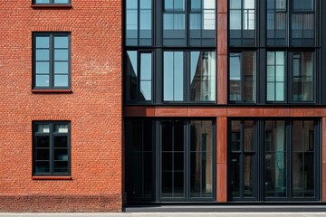 Modern architectural design showcasing a sleek glass and brick facade in an urban setting, blending historical and contemporary styles