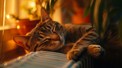 A warm and tranquil scene of a tabby cat sleeping on a radiator, its paw dangling lazily, with indoor plants and an autumnal backdrop creating a cozy vibe (1)