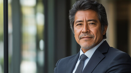 Fototapeta premium A warm and professional portrait of a confident, mature Hispanic business leader, clean-cut and dressed in an elegant suit, set against a glass-walled office (1)