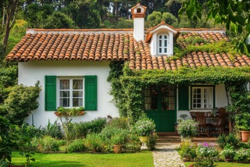 Obraz premium A charming cottage nestled amidst vibrant greenery and blooming flowers, all set in a tranquil garden that glows beautifully in the late afternoon light