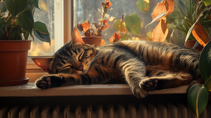 A warm and tranquil scene of a tabby cat sleeping on a radiator, its paw dangling lazily, with indoor plants and an autumnal backdrop creating a cozy vibe (1)