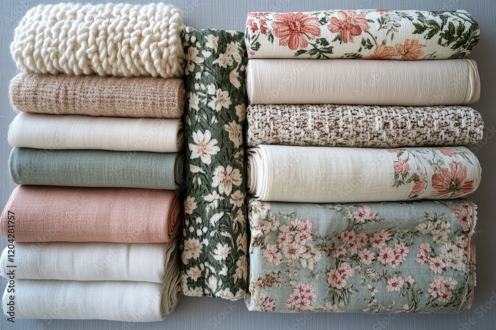 Poster a collection of pastel-colored fabric rolls, showcasing various textures and floral patterns.