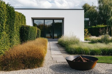 A contemporary garden design showcases a cozy fire pit nestled among vibrant, lush greenery, all set against a modern building backdrop during daylight hours