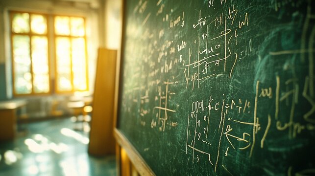 Sunlit classroom with chalkboard filled with complex math equations.