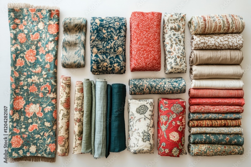 Poster Collection of folded fabric pieces in various floral patterns and colors, showcasing different textiles and textures.