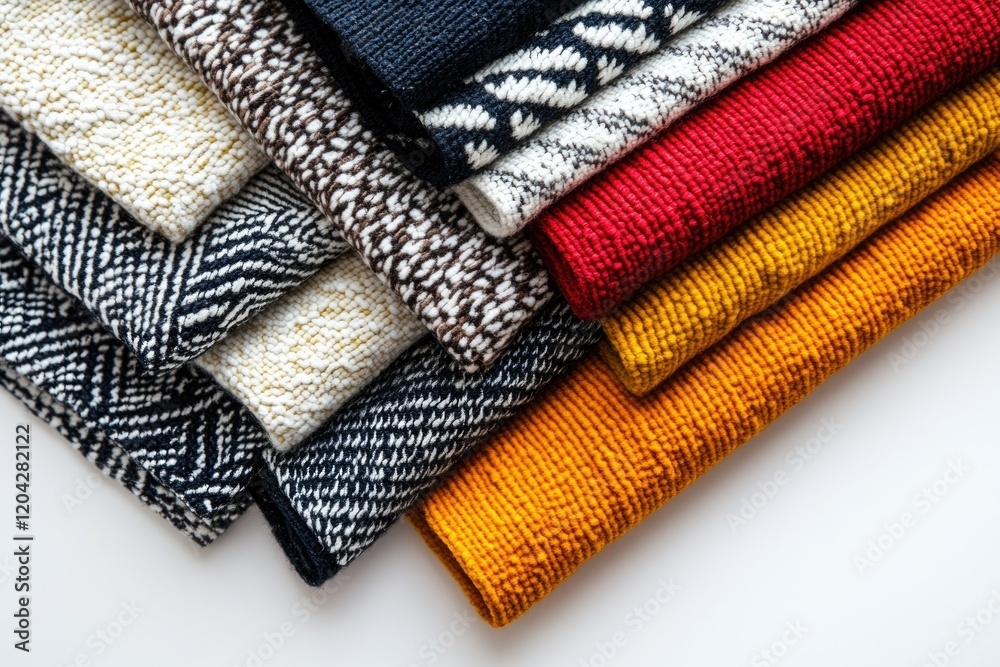 Poster a stack of colorful woolen fabrics with various patterns and textures, showcasing a variety of home 