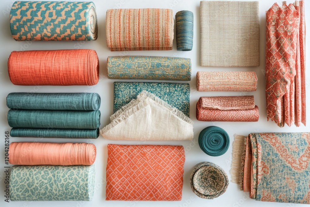 Poster collection of assorted fabrics in teal, coral, and beige tones, rolled and flat, showcasing various 