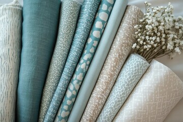 A collection of teal and beige fabric rolls with various patterns, arranged artfully.