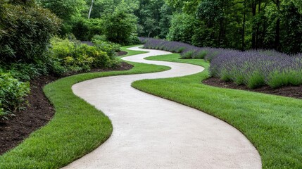Winding garden path, lush greenery, summer, landscaping design, serene background