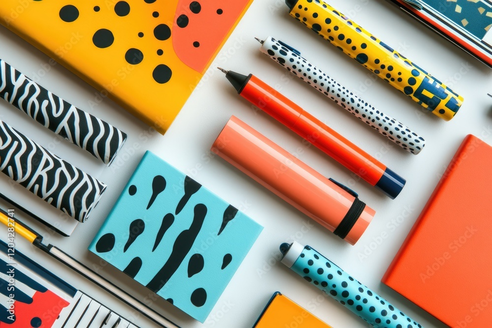 Aufkleber colorful stationery items with abstract patterns arranged on a white background.