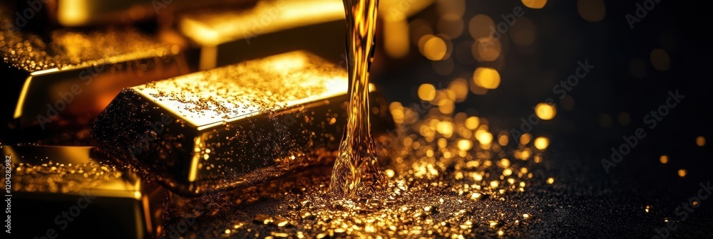 Aufkleber golden bars and flowing liquid gold create a luxurious and captivating display in a dark environment