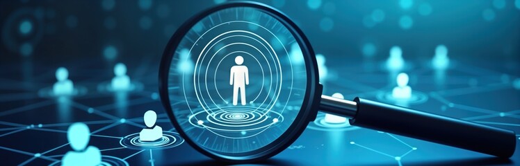 Closeup tech image shows magnifying glass focusing on person icon. Abstract blue background suggests horizon for new employee client search. AI powered recruitment concept. Digital interface
