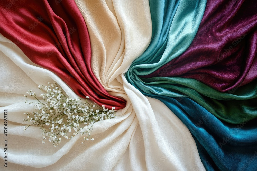 Poster swirling array of luxurious satin fabrics in diverse jewel tones, showcasing their rich textures and