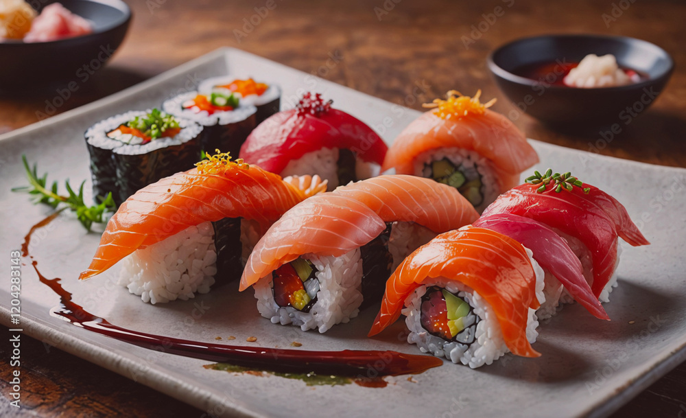 Poster A plate of sushi with a variety of colors and shapes. The sushi is arranged in a way that makes it look appetizing and visually appealing