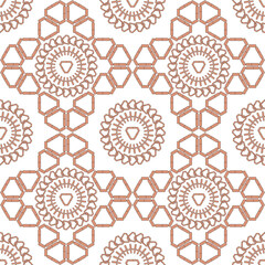 Detailed geometric pattern, hexagons and circles, symmetrical layout, brown and white color scheme, repeating elements, ideal for backgrounds, wallpapers, textiles, and digital art, visually appealing