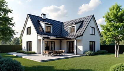 Contemporary two-story house with dormer windows, pitched roof. Scandinavian style exterior. Patio, garden. New construction estate home. Luxury property design. Modern exterior. Excellent family