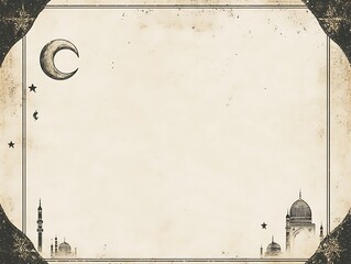 Vintage Islamic Mosque Scene with Crescent Moon and Stars