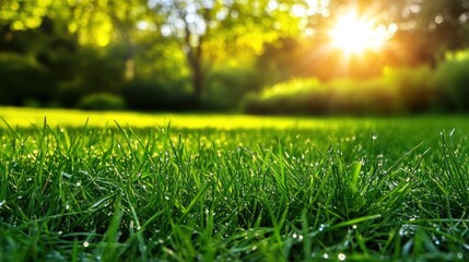Lush green grass with morning dew, sunlit park background.
