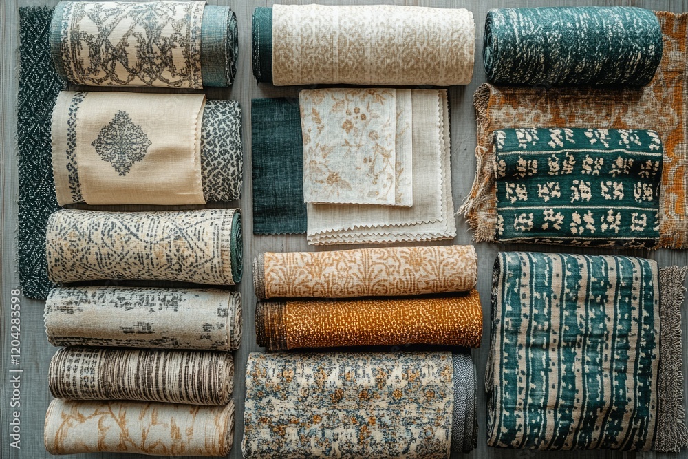 Poster a curated collection of textile samples showcasing various patterns, colors, and textures in teal, b
