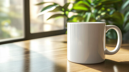 Fototapeta premium Close-up of a white coffee mug on a polished wooden surface, with blurred green foliage and sunlight streaming through in the background (1)