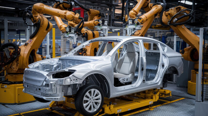 Fototapeta premium A factory with several robotic arms working in harmony with each other creates a car. The car is partially assembled, the body is already painted, the wheels are installed.