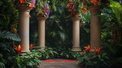Columns adorned with vibrant floral designs, surrounded by lush greenery and exotic plants, evoking a tropical atmosphere (1)