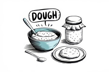 Dough in bowl spoon jar and baked dough on plate