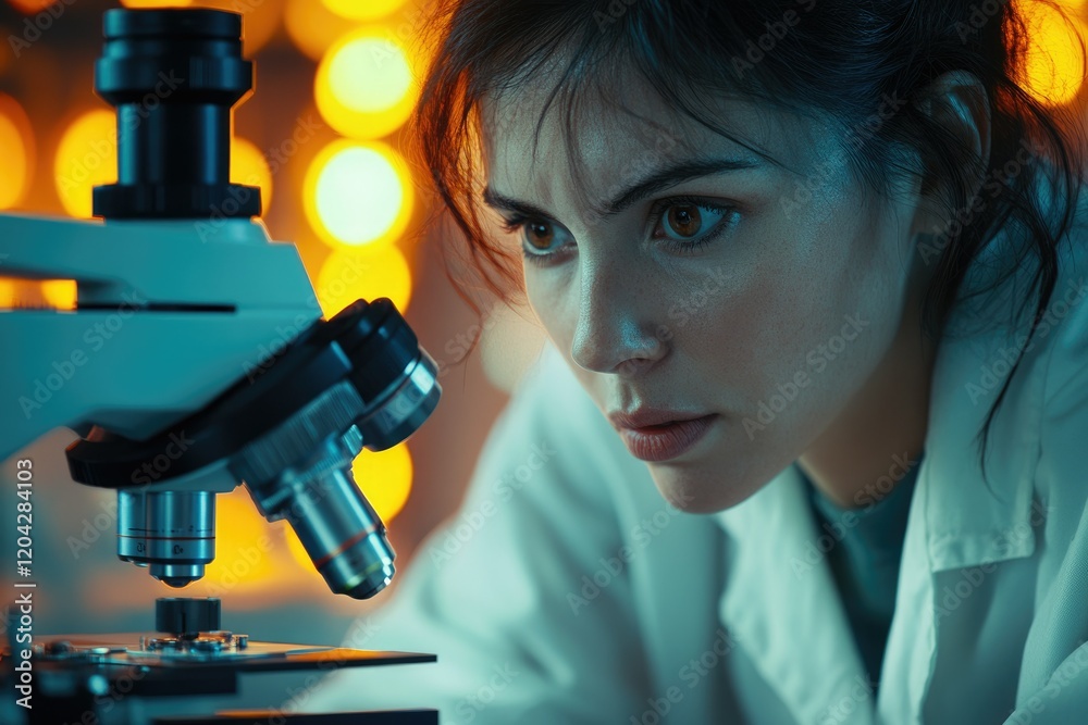 Leinwandbilder a focused female scientist intensely examines a sample under a microscope in a lab setting.