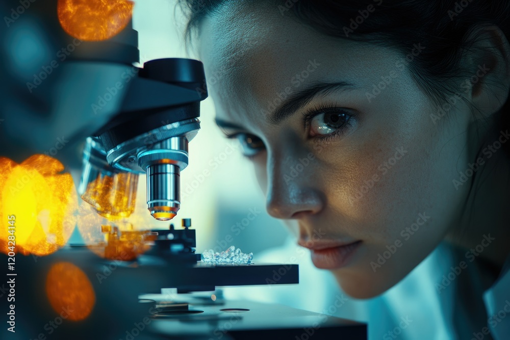 Leinwandbilder a focused female scientist intensely examines a sample through a high-powered microscope in a labora