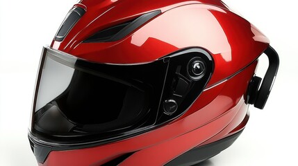 Glossy red motorcycle helmet on a white background	