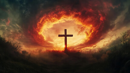 majestic silhouette of wooden cross rises against dramatic, fiery sky, surrounded by halo of vibrant clouds. scene evokes sense of awe and reverence