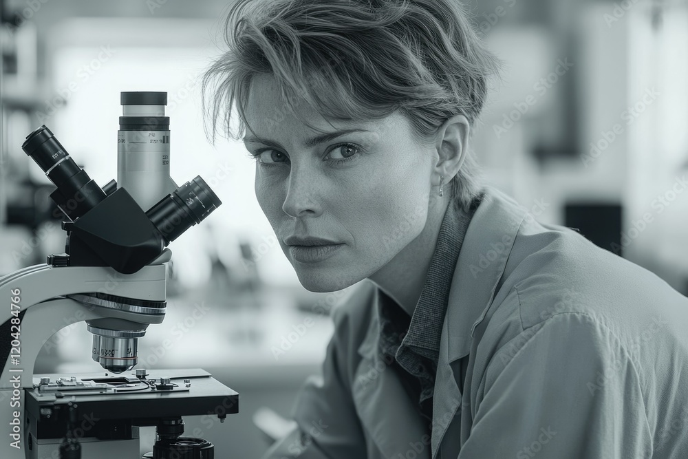 Poster A female scientist intently examines a sample through a microscope in a laboratory setting.