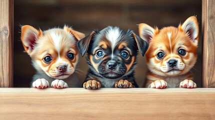 Adorable puppies peek out from behind a wooden board, playing a game of hide and seek with a playful peek-a-boo.