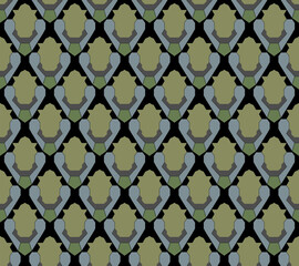 Seamless vector pattern featuring a grid of irregular polygons. Contemporary geometric tile pattern with a repeating polygonal motif in cool tones of green and gray on a dark background. Illustration