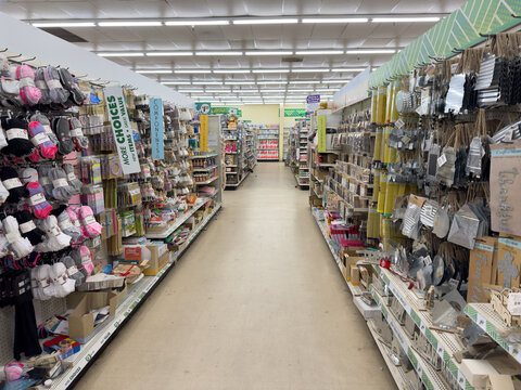 Dollar Tree store interior of fully stocked aisles. No people in view.