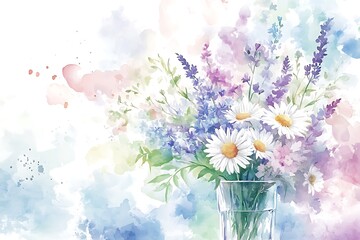 Watercolor Lavender & Daisy Bouquet in Pastel Splash Background