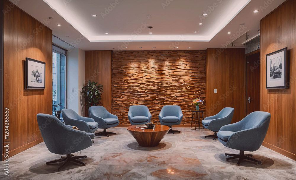 Aufkleber a group of chairs are arranged in a circle around a wooden coffee table. the chairs are blue and the
