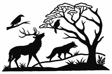 Animal Silhouette Collection  Couples, Mountains, Trees, and More Icons on White background.