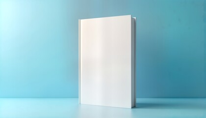 Blank white book mockup against minimalist blue backdrop. Stylish, versatile. Perfect for branding stationery. Simple design, ideal for product presentation. Versatile for marketing material.