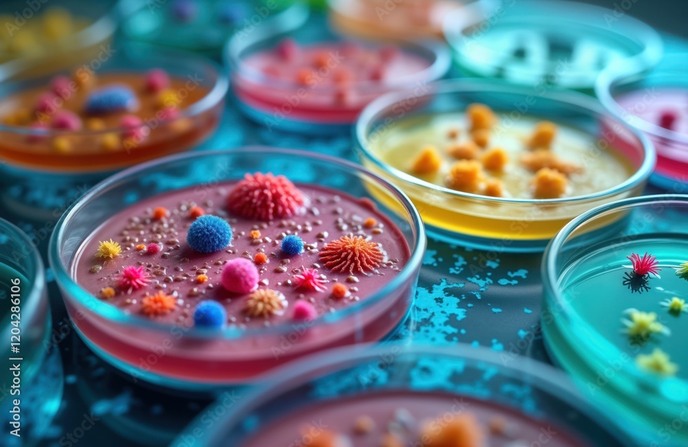 Poster Colorful petri dishes filled with various microorganisms under super macro zoom in lab setting. Different types of bacteria protozoa algae, fungi shown in vibrant colors. Microbes displayed in petri