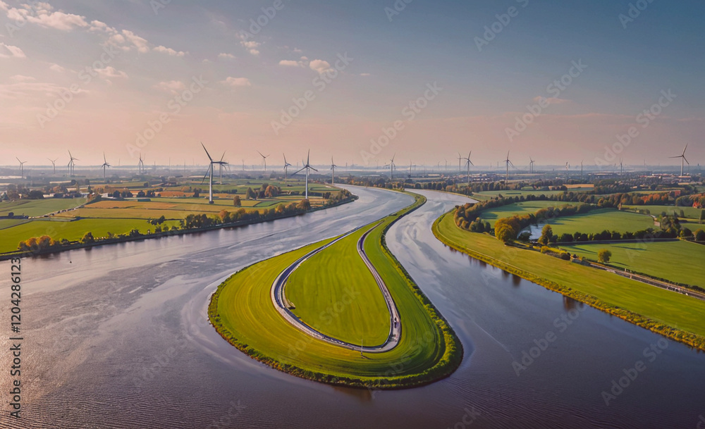 Poster a large body of water with a winding river and a large number of wind turbines in the background