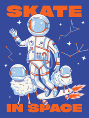 Cute Fun Astronaut on a Skateboard  Cartoon Vector Icon Illustration. Science Technology Icon Concept Isolated Premium Vector. Flat Cartoon Style