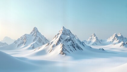 Fototapeta premium Snowy mountain peaks stand out against clear sky. Minimalist 3d rendering winter landscape. Soft shadows create tranquil atmosphere. High resolution image evokes peaceful nature scene. Perfect for