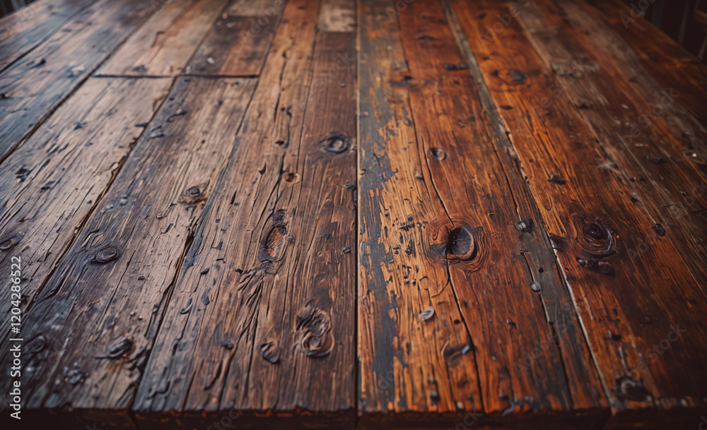 Aufkleber a wooden table with a lot of wood grain and a lot of holes. the table is empty