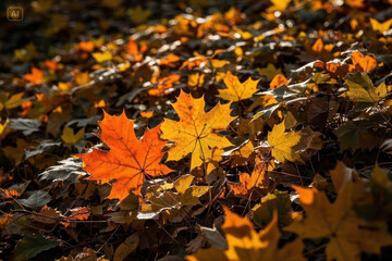 Sunlight breaks through the autumn leaves of trees
